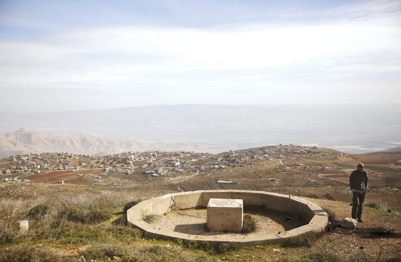 A cement bench at an observation point in the West Bank.   (photo credit: REUTERS)