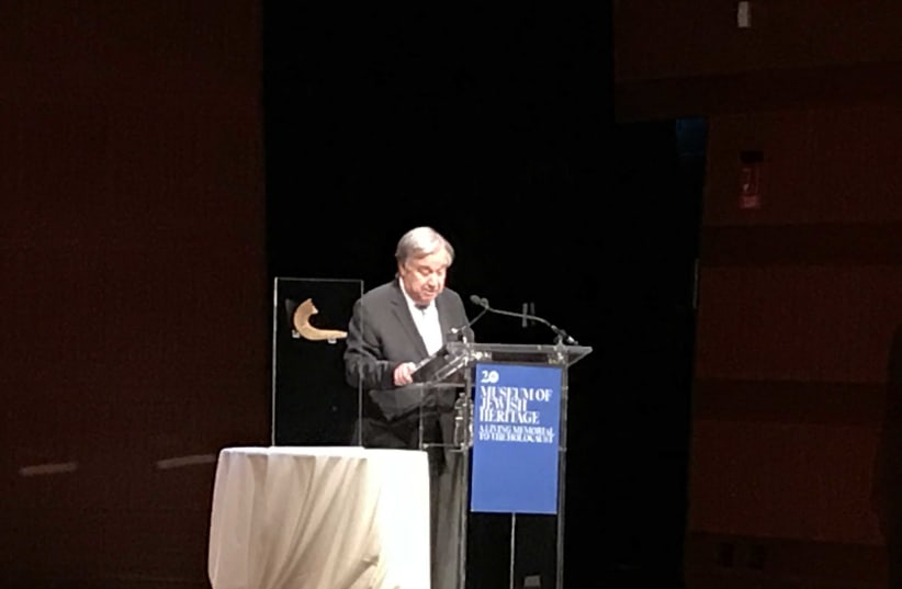 secretary-general of the United Nations António Guterres commemorates the 81st anniversary of Kristallnach in 2019. (photo credit: HALEY COHEN)