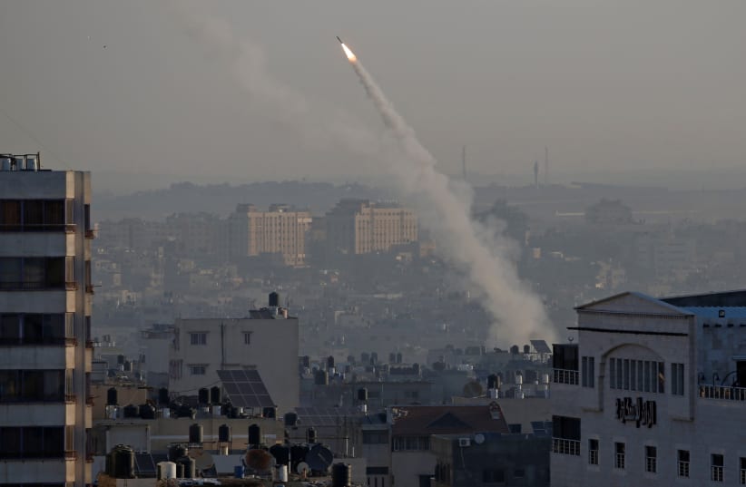 Rocket fired from Gaza toward Israel, November 12, 2019 (photo credit: REUTERS)