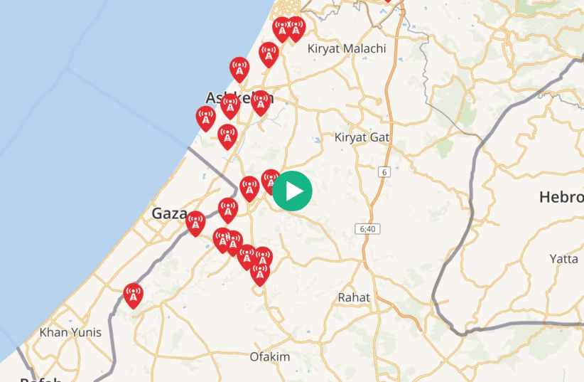 Map of rockets to hit Israel from Gaza on 11/13/19 (photo credit: GOOGLE MAPS)