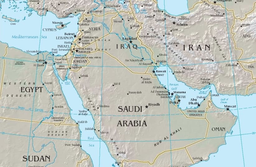 A map of Middle East between Africa Europe and Central Asia (photo credit: Wikimedia Commons)