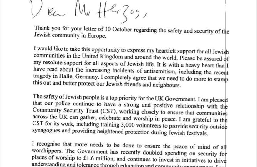 Letter sent by British PM, Boris Johnson to Jewish Agency Chairman, Isaac Herzog, November 2019 (photo credit: JEWISH AGENCY)