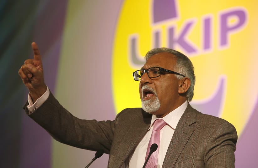 United Kingdom Independence Party (UKIP) Member of the European Parliament (MEP), Amjad Bashir, speaks during the UKIP annual party conference, in Doncaster, northern England  (photo credit: ANDREW YATES/REUTERS)