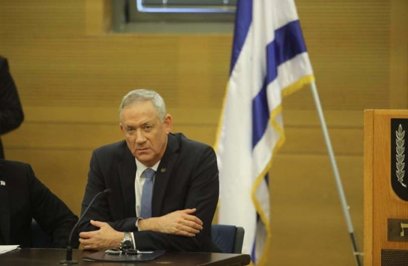 Blue and White leader Benny Gantz at a faction meeting in the Knesset (photo credit: MARC ISRAEL SELLEM/THE JERUSALEM POST)