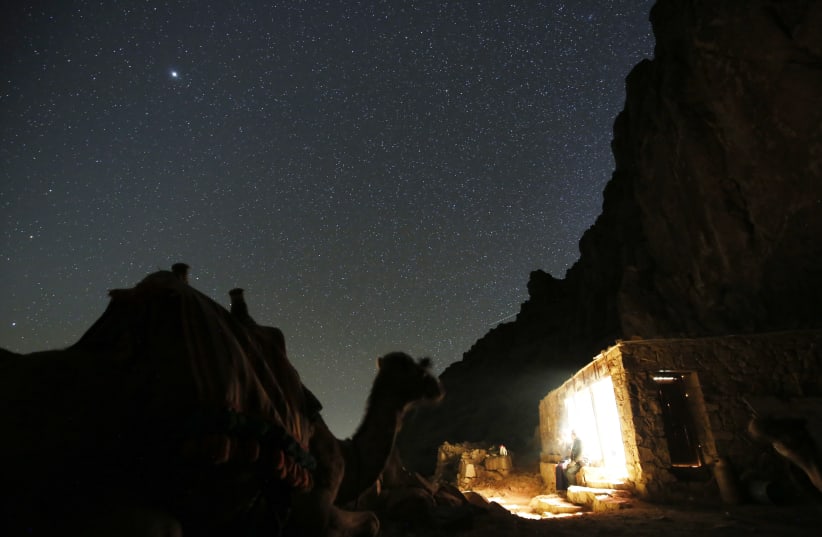 A tourist rests next to a camel under the stars near the summit of Mount Sinai (photo credit: REUTERS)