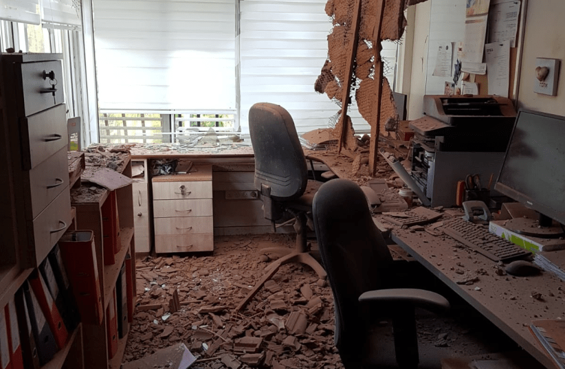 Aharon Ben-Porat’s office in Sderot following a rocket hit (photo credit: Courtesy)