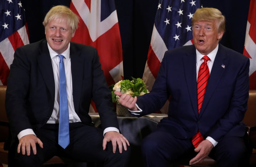 U.S. President Donald Trump holds a bilateral meeting with British Prime Minister Boris Johnson (L) on the sidelines of the annual United Nations General Assembly in New York City, New York, U.S., September 24, 2019 (photo credit: JONATHAN ERNST / REUTERS)