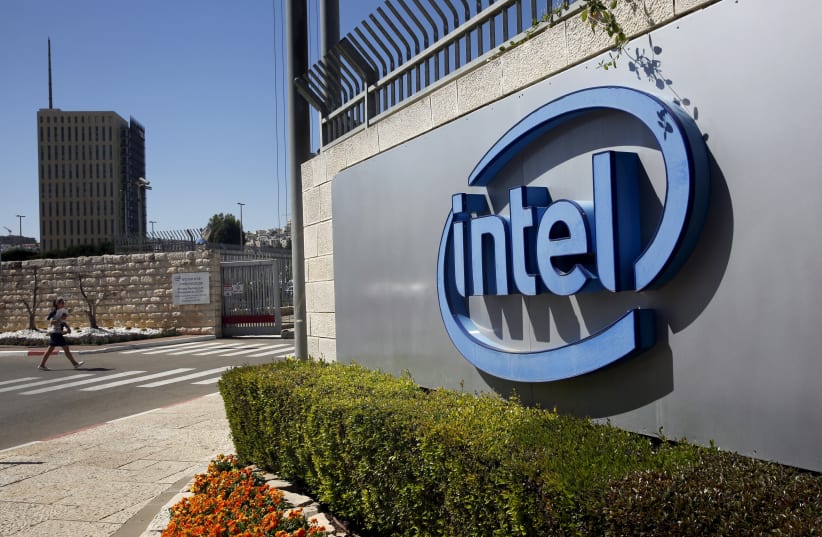 The logo of Intel, the world's largest chipmaker is seen at their offices in Jerusalem (photo credit: REUTERS)