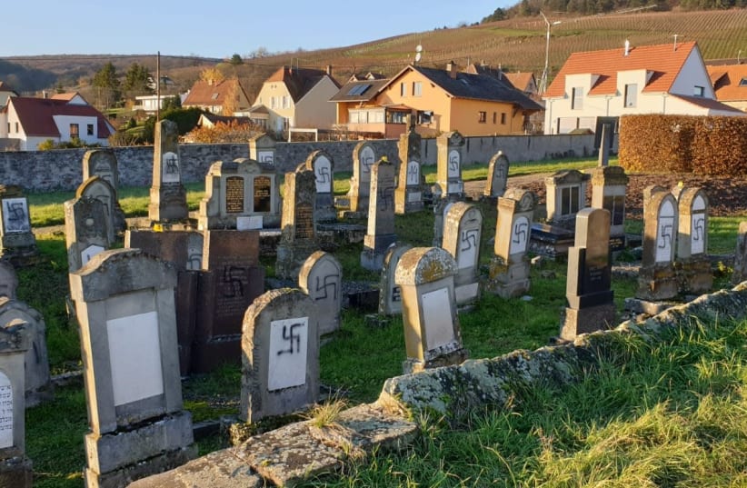 Tombstones at Jewish Cemetery of Westhoffen near Strasbourg were desecrated with swastikas this week (photo credit: CONSISTOIRE OF THE LOWER RHINE)