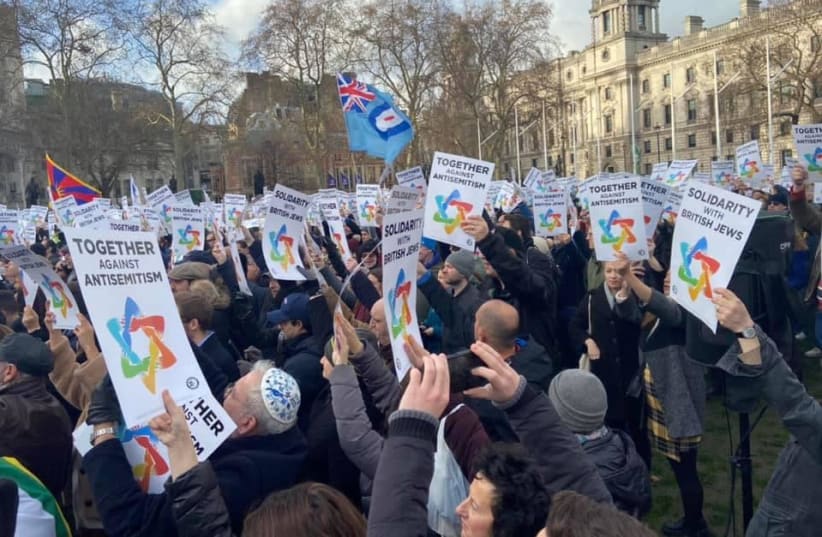Jews and non-Jews gather in solidarity to protest against Antisemitism at Parliament Square in London on Sunday (photo credit: SARKIS ZERONIAN)