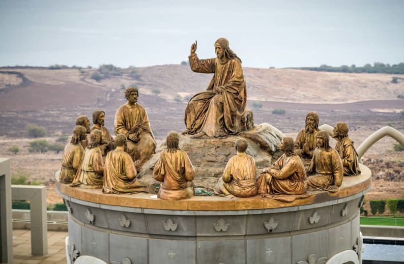 The statue of Jesus and the 12 Apostles on the Mount of Beatitudes in the Galilee (photo credit: PAUL ALSTER)