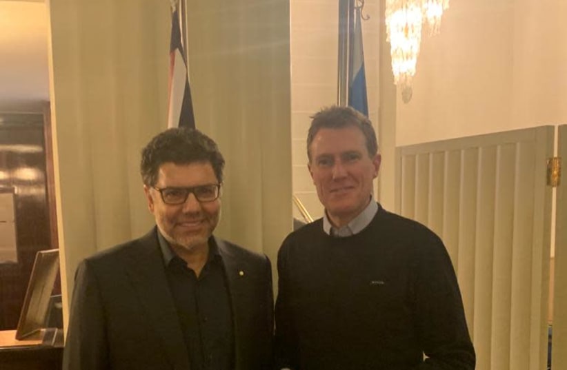 Australian Attorney-General Christian Porter (right) poses with founder and chair of the International Institute for Strategic Leadership Dialogue Albert Dadon. (photo credit: Courtesy)
