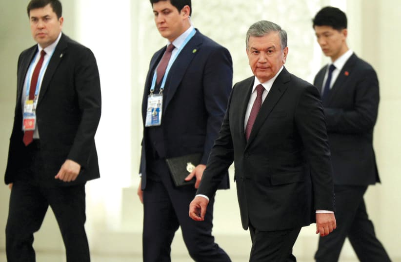 UZBEK PRESIDENT Shavkat Mirziyoyev arrives for a meeting with China’s president in Beijing. (photo credit: REUTERS)