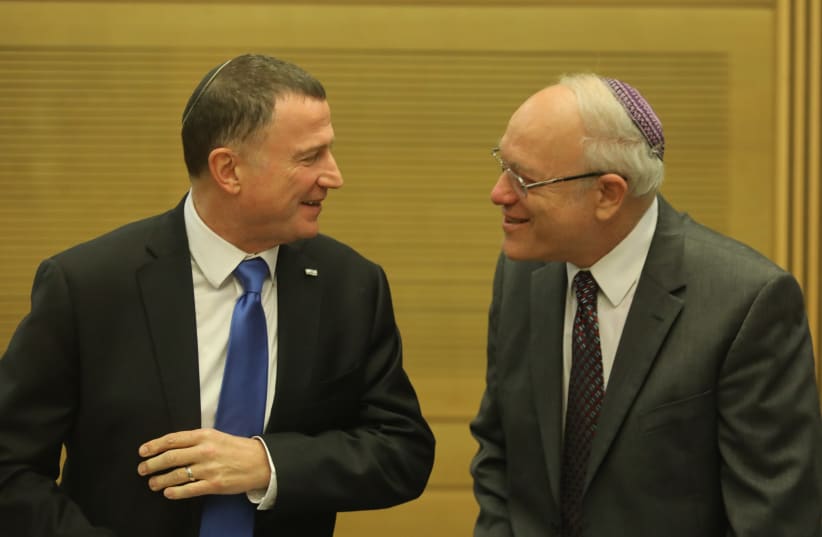 Knesset Speaker Yuli Edelstein and new Central Elections Committee chairman, Supreme Court Judge Neal Hendel (photo credit: MARC ISRAEL SELLEM/THE JERUSALEM POST)