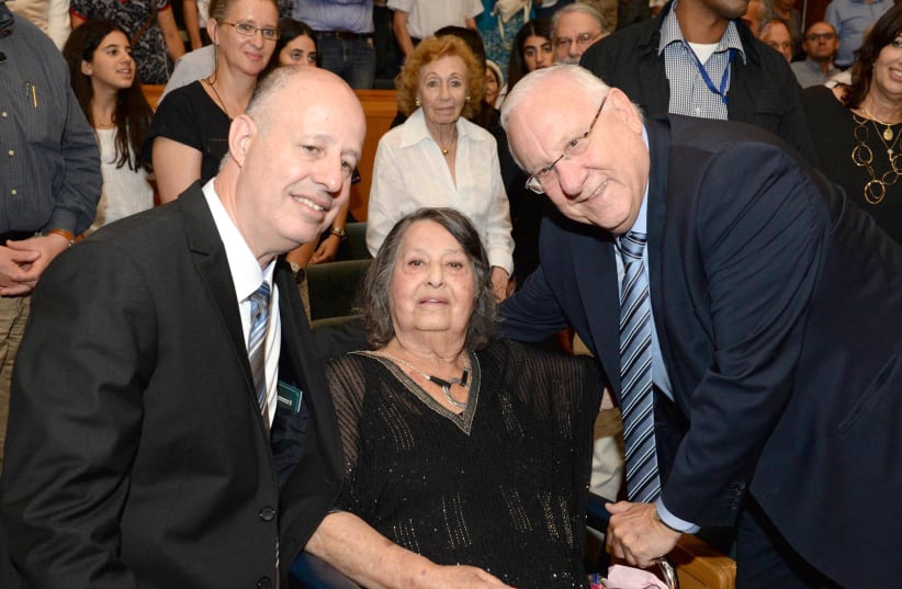 President Reuven Rivlin with Regional Cooperation Minister Tzachi Hanegbi and former MK Geula Cohen (photo credit: MARK NEYMAN/GPO)