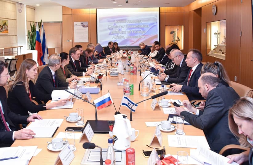 Director of the Russian Consular Department Ivan Volynkin meets with Israeli counterpart, Population Authority, Israel Police, and the VP of Euro-Asia, Dec. 19, 2019 (photo credit: FOREIGN MINISTRY)