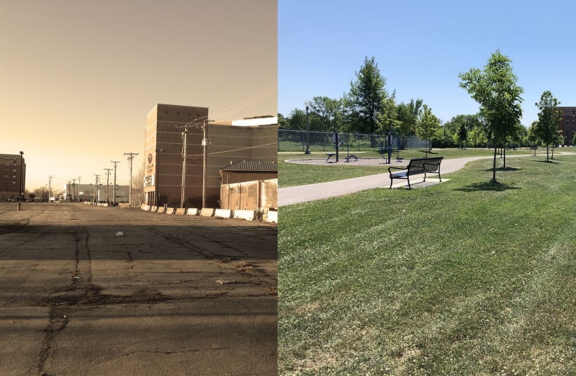 The Jewish Neighborhood Development Council has pushed through a number of urban renewal projects in West Rogers Park, such as turning an abandoned parking lot, left, into a park. (photo credit: JTA/COURTESY OF HOWARD RIEGER)