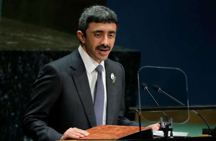 United Arab Emirates Foreign Minister Sheikh Abdullah bin Zayed Al Nahyan addresses the 74th session of the United Nations General Assembly at U.N. headquarters in New York City, New York, U.S., September 28, 2019 (photo credit: REUTERS/BRENDAN MCDERMID)