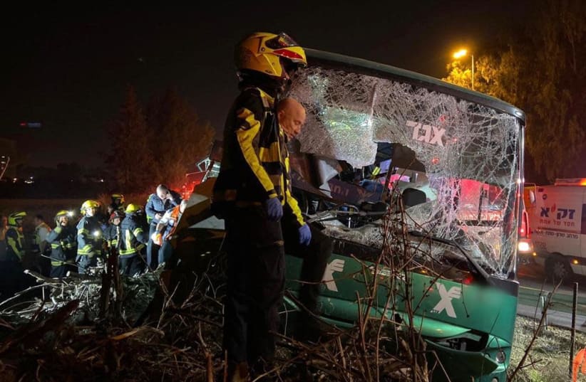 Bus involved in an accident on Highway 40, Israel, December 22, 2019 (photo credit: MAGEN DAVID ADOM)
