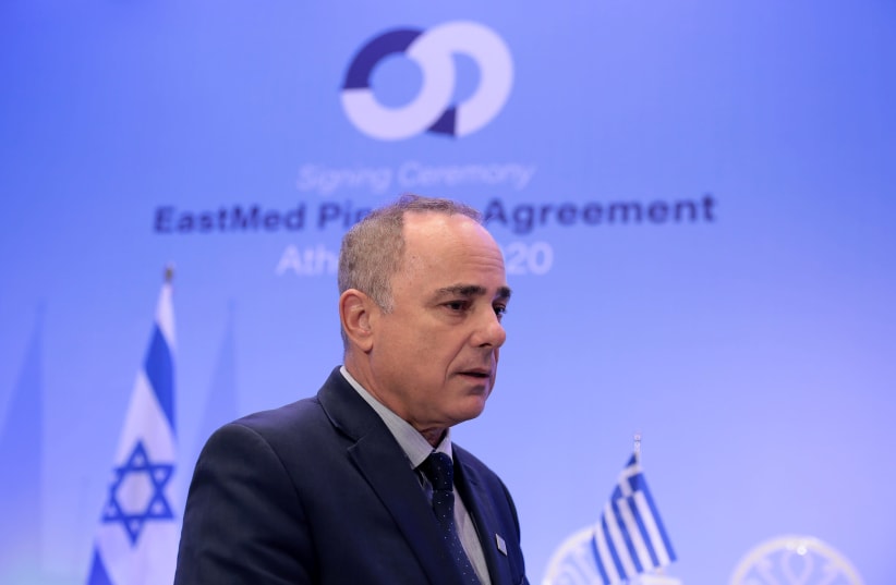 Israeli Energy Minister Yuval Steinitz speaks during an interview with Reuters in Athens, Greece, January 2, 2020 (photo credit: COSTAS BALTAS / REUTERS)