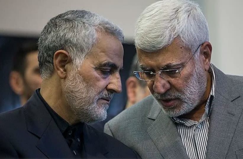 Iranian Major-General Qassem Soleimani (L) and Abu Mahdi al-Muhandis, the deputy commander of Iran-backed militias, 2017.  (photo credit: WIKIPEDIA)