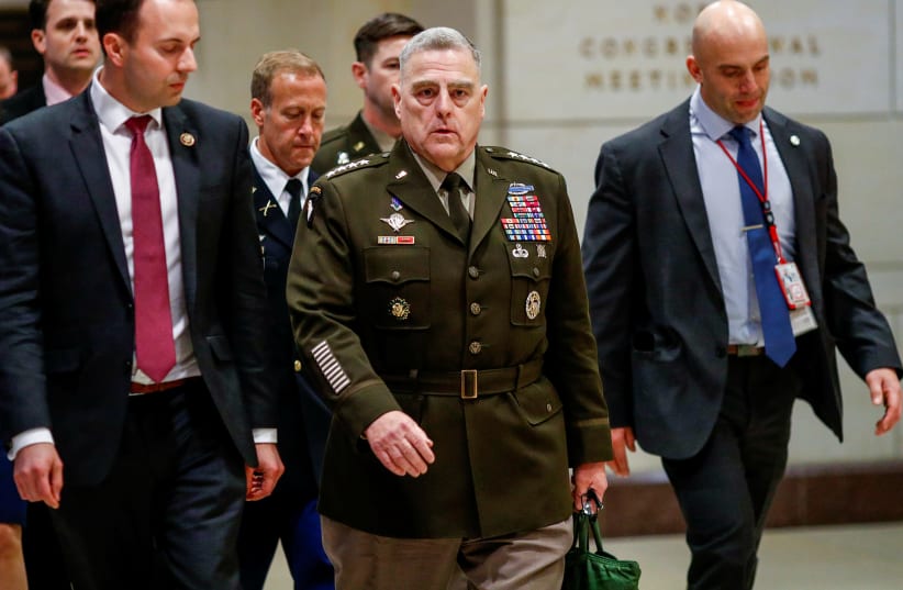Chairman of the Joint Chiefs of Staff Army General Mark Milley arrives to brief members of the U.S. Senate on developments with Iran after attacks by Iran on U.S. forces in Iraq, at the U.S. Capitol in Washington, U.S., January 8, 2020 (photo credit: REUTERS/TOM BRENNER)