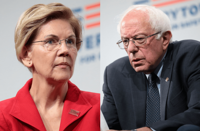 Progressive Democratic candidates US Senators Elizabeth Warren and Bernie Sanders (photo credit: Wikimedia Commons)