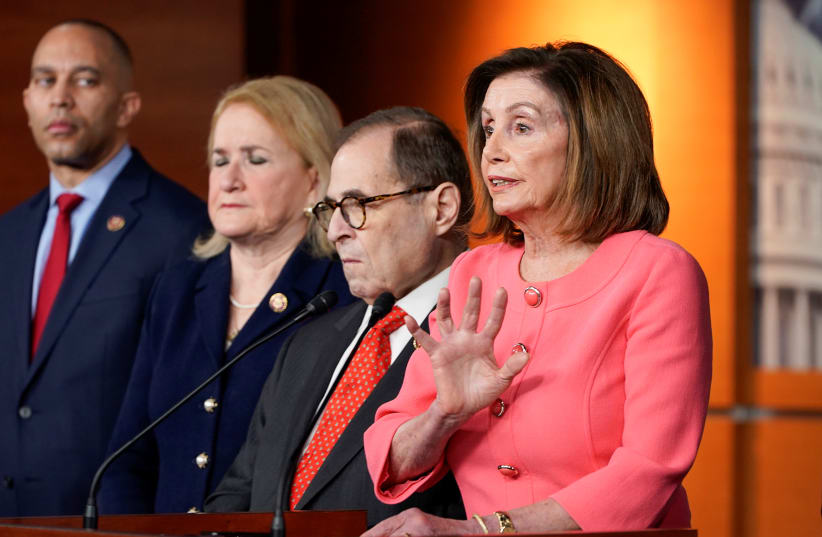 U.S. house Speaker Nancy Pelosi (D-CA) announces the House of Representatives managers, including Reps'. Hakeem Jeffries (D-NY), Slyvia Garcia (D-TX) and Jerrold Nadler (D-NY) for the Senate impeachment trial of U.S. President Donald Trump during a news conference at the U.S. Capitol in Washington,  (photo credit: JOSHUA ROBERTS / REUTERS)