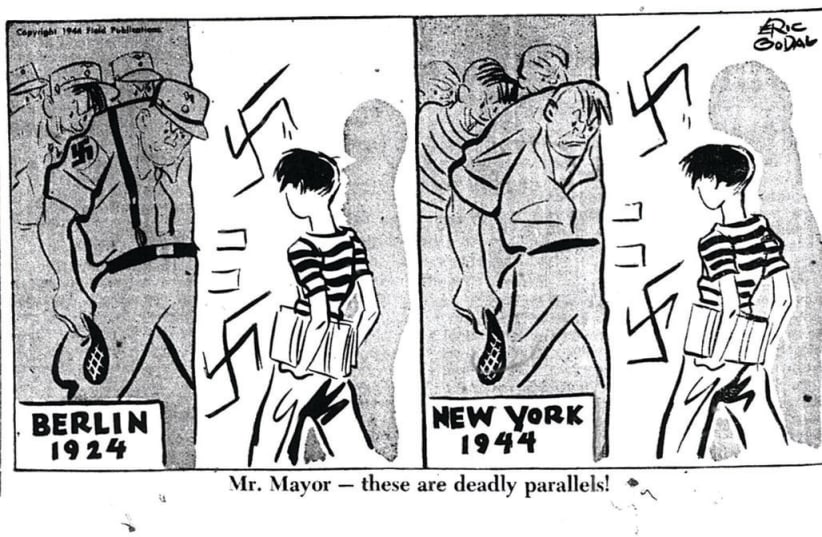 1944 EDITORIAL CARTOON by Eric Godal reflects that numerous attacks in New York City were antisemitic in nature. (photo credit: Courtesy)