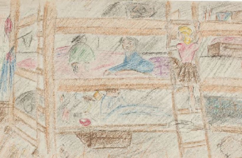 ‘Children’s home’ was drawn by Helga Weissova, who was sent to Terezin at age 12 and is now lives in Prague.  (photo credit: MUSEUM OF JEWISH HERITAGE)