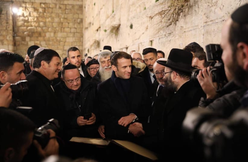 French President Emmanuel Macron visiting the Western Wall (photo credit: MARC ISRAEL SELLEM)