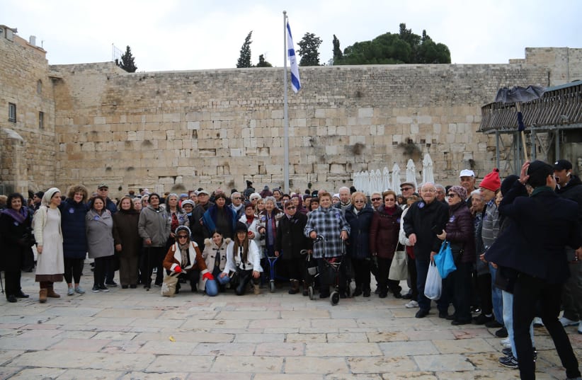 Holocaust survivors celebrate their bar mitzvah at the Western Wall, January 2020 (photo credit: WESTERN WALL HERITAGE FOUNDATION)