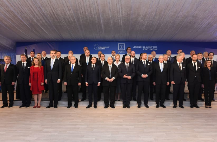 President Reuven Rivlin [C] and world leaders in a group photo taken in Jerusalem January 22 2020 (photo credit: KOBI GIDEON/GPO)
