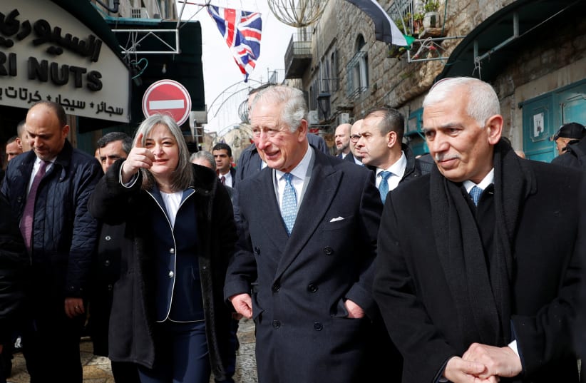 Britain's Prince Charles arrives to visit Omar mosque in Bethlehem in the Israeli-occupied West Bank (photo credit: REUTERS)