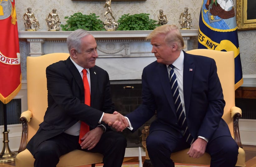 US President Donald Trump welcomes Prime Minister Benjamin Netanyahu at the White House (photo credit: KOBI GIDEON/GPO)