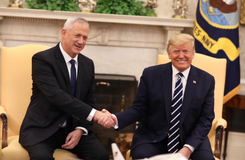 US President Donald Trump welcomes Blue and White leader Benny Gantz at the White House (photo credit: ELAD MALKA)