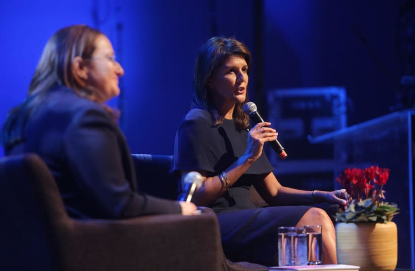 Former US ambassador to the United Nations Nikki Haley spoke at the Israel Center on Addictions event in the Tel Aviv Museum of Art (photo credit: TALI KATZURIN)