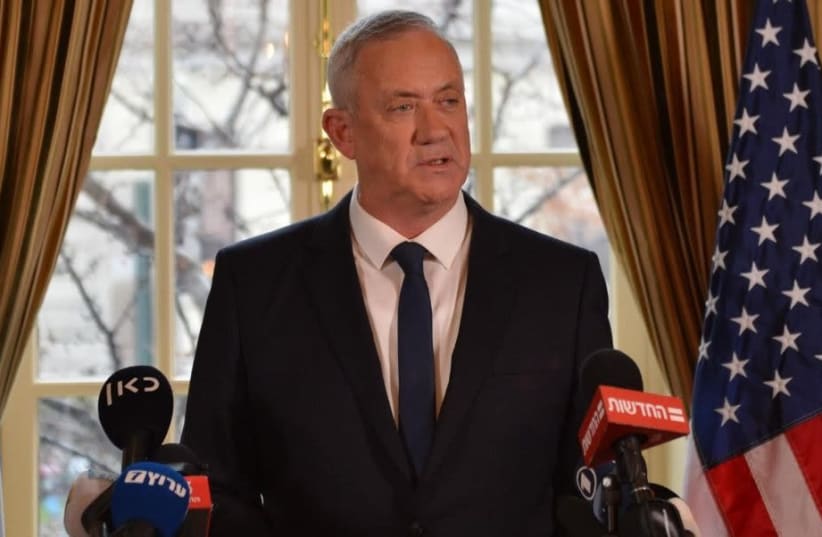 Blue and White leader Benny Gantz speaks to the press after meeting President Donald Trump in Washington DC on January 27, 2020.  (photo credit: ALEXI ROSENFELD)