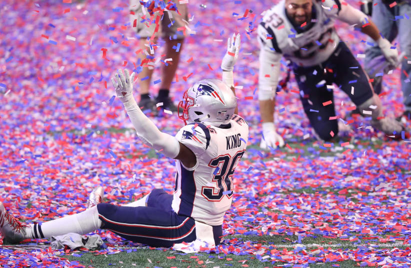 Feb 3, 2019; Atlanta, GA, USA; New England Patriots linebacker Brandon King (36) plays in confetti after defeating the Los Angeles Rams in Super Bowl LIII at Mercedes-Benz Stadium (photo credit: JASON GETZ-USA TODAY)