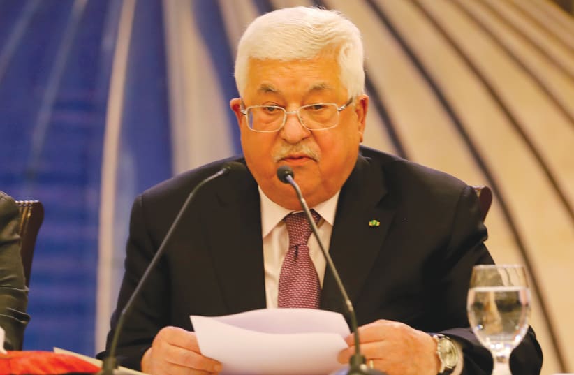 PALESTINIAN PRESIDENT Mahmoud Abbas reacts to the Mideast peace plan Wednesday in Ramallah – ‘A thousand no’s’.  (photo credit: RANEEN SAWAFTA/ REUTERS)