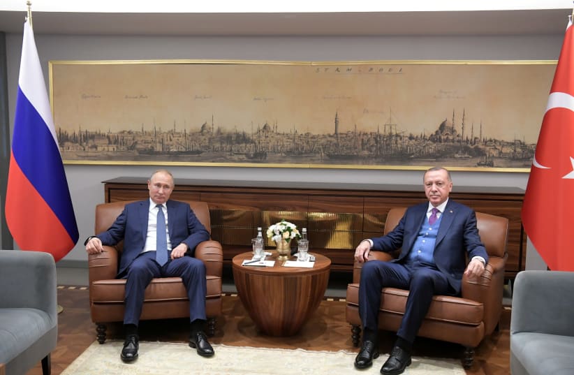 Turkish President Tayyip Erdogan meets with his Russian counterpart Vladimir Putin in Istanbul, Turkey January 8, 2020 (photo credit: SPUTNIK/SERGEI GUNEEV/KREMLIN VIA REUTERS)