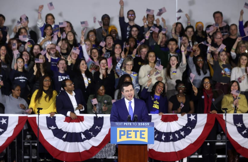Democratic presidential candidate and former South Bend, Indiana Mayor Pete Buttigieg addresses supporters at a rally at Drake University in Des Moines, Iowa, U.S., February 3, 2020 (photo credit: REUTERS/JONATHAN ERNST)