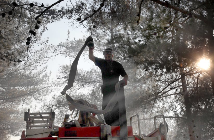 A FIREFIGHTER battles a blaze in the Jerusalem Forest (photo credit: MARC ISRAEL SELLEM)