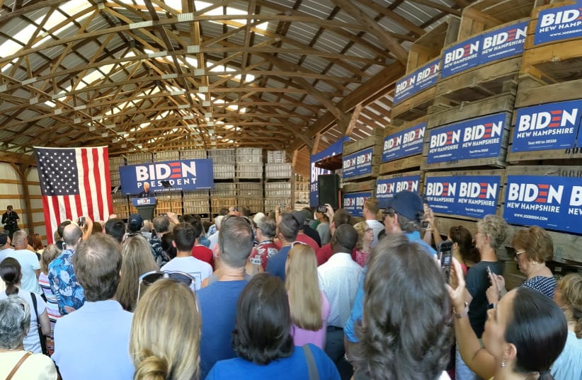 Former vice president Joe Biden gives his stump speech at Mack’s Apples in Londonderry, New Hampshire in July 2019. Barns are a favorite backdrop for presidential candidates. (photo credit: DARREN GARNICK)