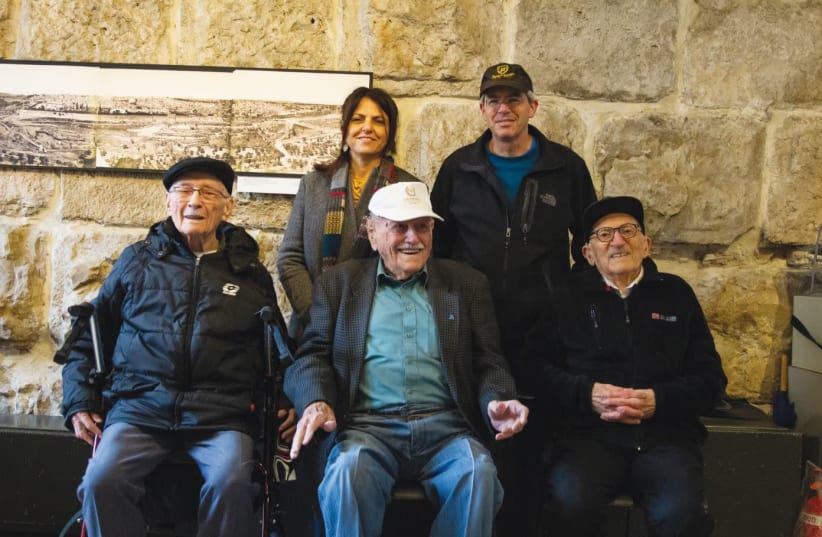 THE GROUP: (front row, left to right) Eliezer Ben-Ami, responsible for making the hand grenade that blew up Barasani and Feinstein; Shmuel Lalkin; and David Levin. (Back row) Eilat Lieber, director of the Tower of David Museum, and Yonni Amir, head of the Harel Association. (photo credit: ILANA SILVERMAN RICHTER)