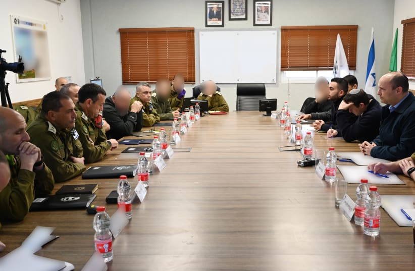 Defense Minister Naftali Bennett holds a situation assessment with IDF and security officials on February 9, 2020 (photo credit: ARIEL HERMONI / DEFENSE MINISTRY)