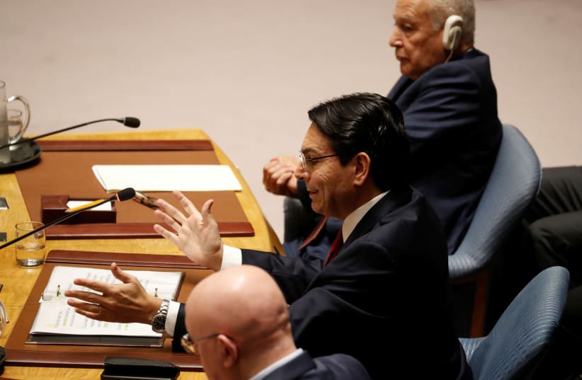 Israeli Ambassador to the United Nations Danny Danon speaks during a Security Council meeting at the United Nations in New York, U.S., February 11, 2020 (photo credit: REUTERS/SHANNON STAPLETON)