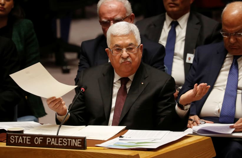 Palestinian President Mahmoud Abbas speaks during a Security Council meeting at the United Nations in New York, U.S., February 11, 2020 (photo credit: REUTERS/SHANNON STAPLETON)