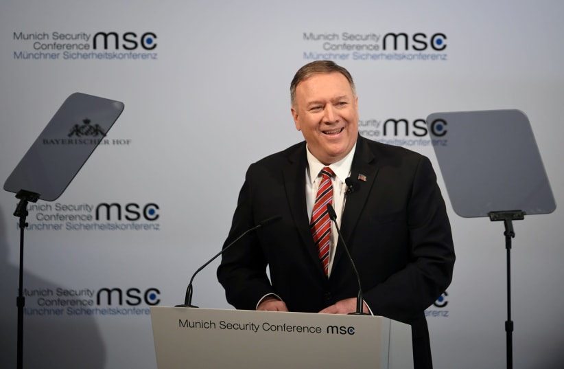 U.S. Secretary of State Mike Pompeo speaks at the annual Munich Security Conference in Germany February 15, 2020 (photo credit: ANDREAS GEBERT/REUTERS)