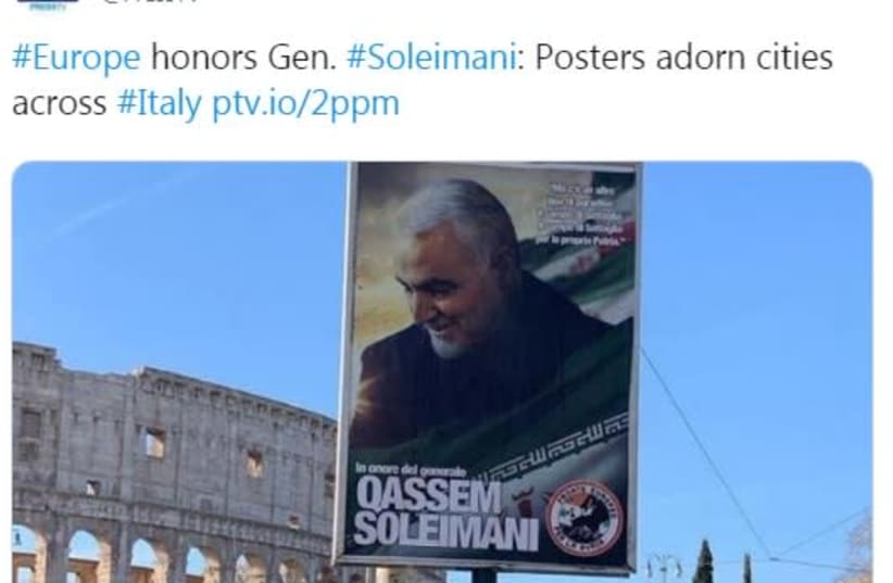 A poster of Soleimani outside Rome (photo credit: TWITTER VIA @PRESSTV)